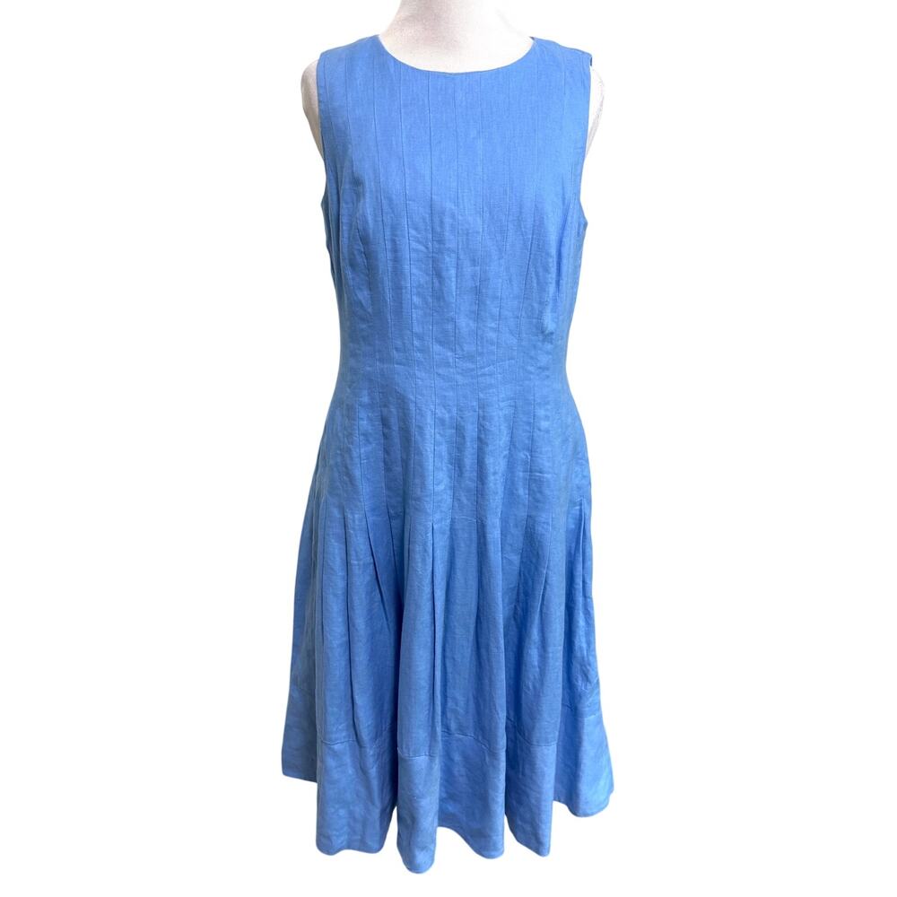 Lauren Ralph Lauren Linen Midi Dress 8 Blue Pintuck Minimalist Lagenlook Preppy